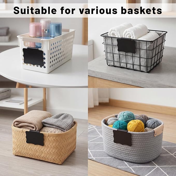 20 Pcs Basket Labels Clip On for Storage Bins, Pantry Organization with2 Markers and 2 Wipe Cloths Reusable Clip on Chalkboard Basket Tags for Kitchen Pantry Storage