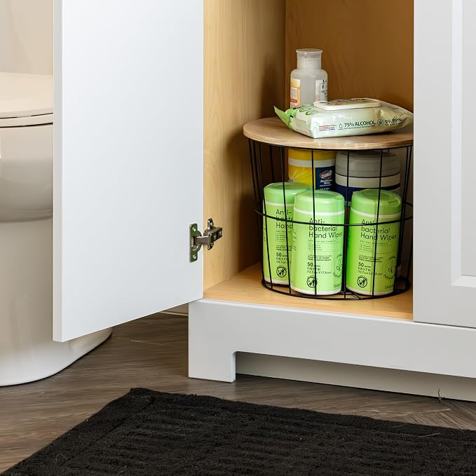 IRIS USA Round Wire Basket with Wooden Lid, 2 Pack | Living Room Bathroom Kitchen Storage, Water Resistant Surface