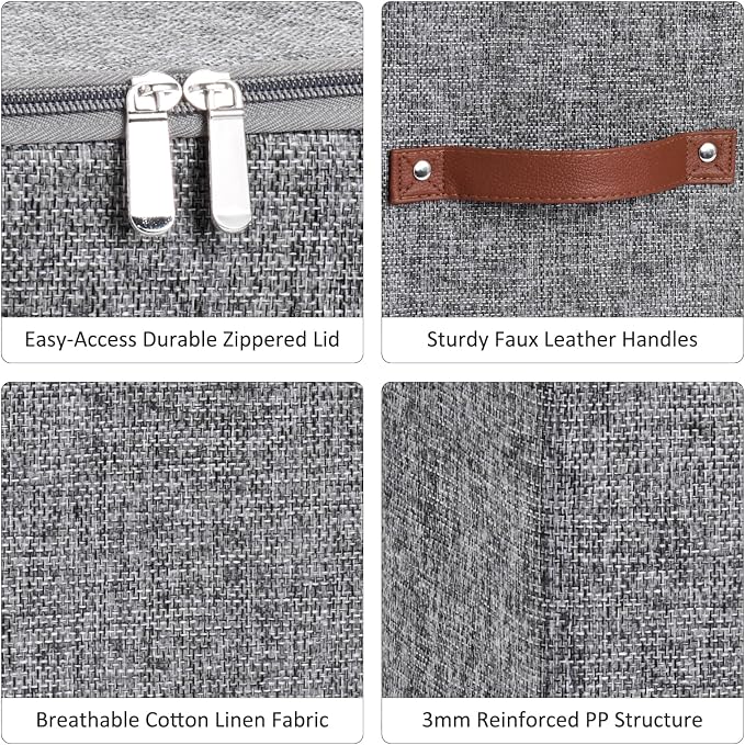 2PCS Large Storage Cubes with Zippered Lids 3 PU Leather Handles | Fabric Storage Bins Boxes Cotton Linen Decorative Foldable Washable Lidded Shelf Closet Organizer Container (Gray, 13 Inch)