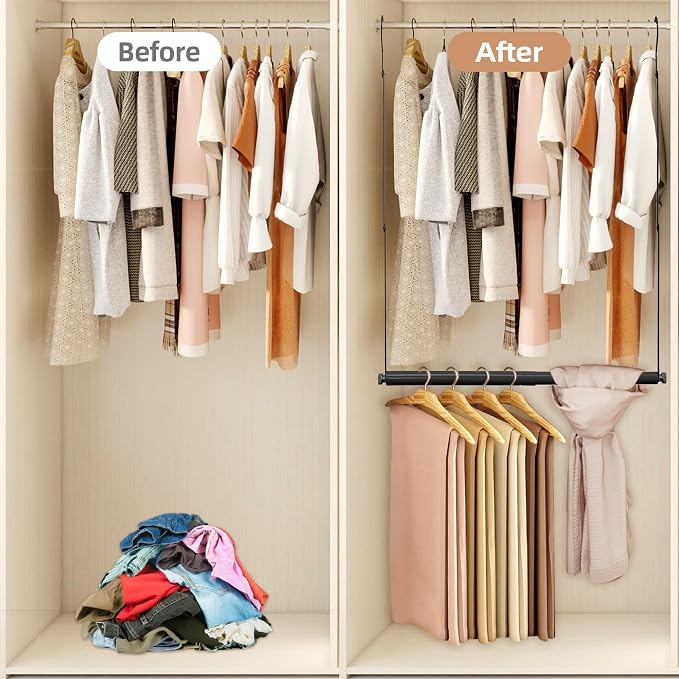 STORAGE MANIAC Adjustable Closet Rod for Hanging Clothes, 2 Pack Black | Expandable 17.9"-29.7" Heavy-Duty Metal Closet Hanging Rod with 9 Height Adjustments, Space-Saving Double Closet Organizer