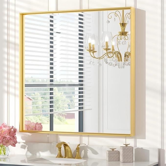 Keonjinn 30 x 30 Inch Gold Bathroom Mirror for Over Sink Square Wall Mirror Brushed Gold Metal Framed Mirrors, Modern Farmhouse Rectangle Mirrors with Aluminum Alloy Frame(Horizontal/Vertical)