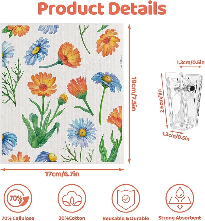 Needbrock 6 Pack Spring Floral Swedish Dishcloths for Kitchen, Swedish Rag Absorbent Dish Towel with Adhesive Clips, Reusable Paper Towels No Odor for Countertop Dishes Cleaning Kitchen