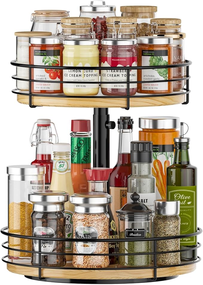 2 Tier Lazy Susan Spice Rack Organizer, Rotating Turntable, Black | Height Adjustable, Wood, 12 Inch, For Cabinet Dining Table Kitchen Bathroom Countertop