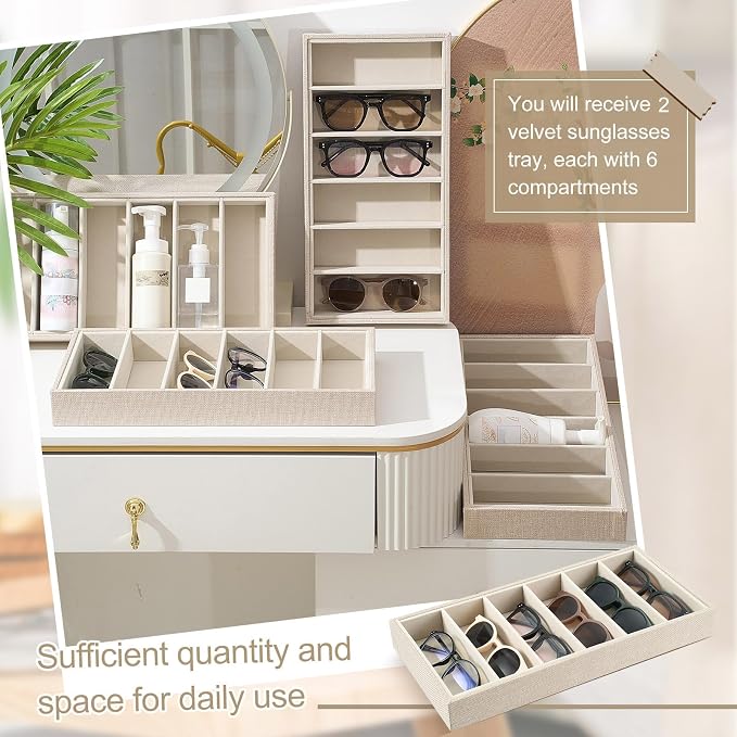Juexica 2 Pcs Velvet Sunglasses Organizer Tray 6 Grid Sunglass Organizer Velvet Tray Stackable Glasses Display Case for Women Glasses Jewelry Display Watch (Linen)