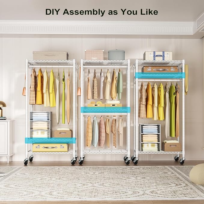 FUTASSI P3 Mini Rolling Clothes Rack, Clothing Racks for Hanging Clothes, Heavy Duty Garment Rack with Wheels, Freestanding Portable Closet Racks 23.6'' W x 14'' D x 78.5'' H, Max Load 430 Lbs, White