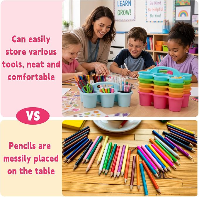 6 pack Classroom Caddy with Handle plastic supply caddy with 6 Compartments Drink Cup Caddies Holder Portable Desk Crayon Storage Caddy for Teacher Kids Office School (Pastel)