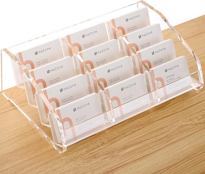 HeZone Business Card Holder Display for Desk Muitiple, Clear Acrylic Business card Stand Rack for Women and Men 12 slots 4Tier, Organize 600 cards (12 Slots