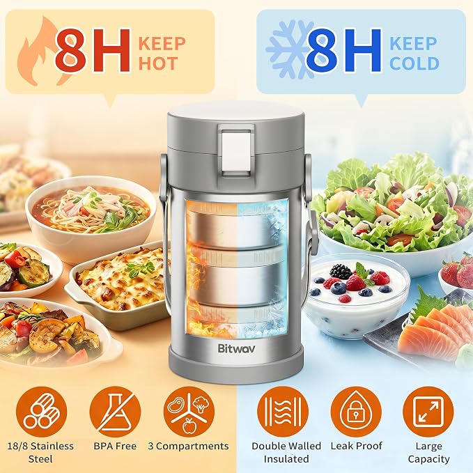 77oz Stainless Steel Insulated Food Jar, 3 Tier Stackable Bento Lunch Box, Vacuum Thermal Food Container for Hot Food, Soup Thermos with Insulated Bag for Work, Travel, Outdoor (77 oz Silver)