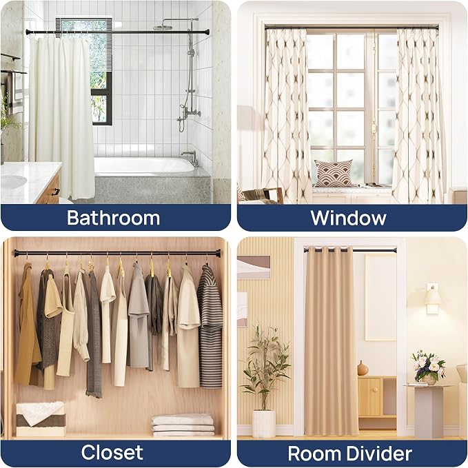 ENJOYBASICS 2 Pack Adjustable Spring Tension Curtain Rods 32 to 78 Inches, Stainless Steel Matte Black Shower Rod No Drilling for Window, Bathroom, Closet, Room Divider, 7/8" Diameter