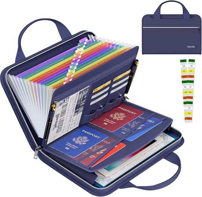 Tamfile Fireproof Accordion File Organizer with Handle, 13 Pocket Colorful Expanding File Folder with Zipper & Labels, File Folder with Multi-Pockets Paper Organizer Folder for Letter A4 Files (Blue)