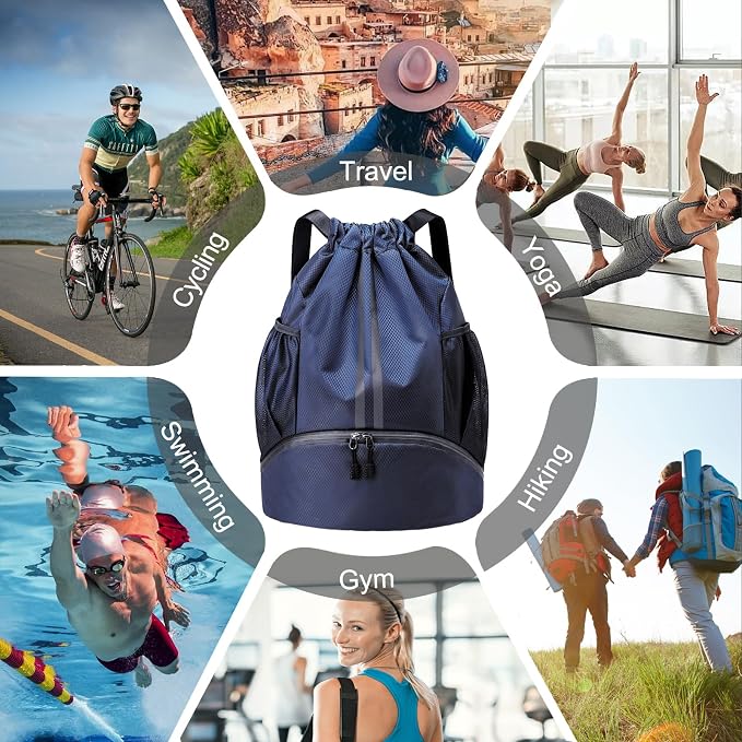 Hoedia Sports Drawstring Backpack - String Swim Gym Bag with Shoes Compartment and Wet Proof Pocket for Women&Men