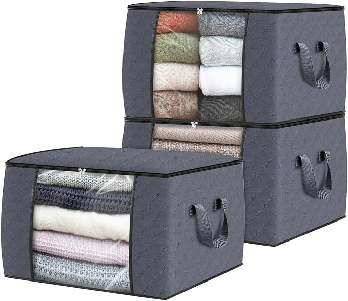 Fab totes Storage Bags,Clothes Blanket Storage Bins Foldable Closet Organizers with Reinforced Handle for Home Dorm Storage and Organization,Fabric Bags for Organizing Sheets,Clothing (Grey,3 Pack)