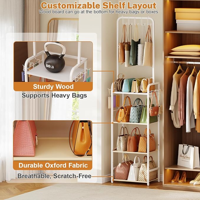 Tall 5-Tier Purse Organizer for Closet with 5 Purse Hanger, Large Purse Rack Stand with 6 Side Hooks, Adjustable Handbag Organizer Shelf, Space-Saving Narrow Purse Storage Organizer for Small Place
