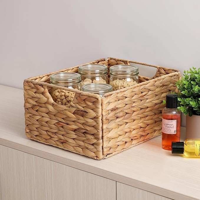 Water Hyacinth Pantry Baskets Set of 6, 12.5 x 9.5 x 6in Wicker Storage Baskets for Shelves, Pantry Baskets Organization, Bathroom Shelves Storage Basket