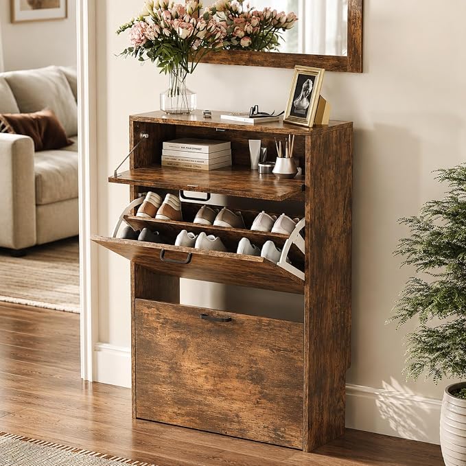 VINGLI Set of 2 Distressed Wood Shoe Cabinet for Entryway, 2-Pack Ultra Slim Shoe Organizer with 2 Flip & 1 Drop-Down Drawers, 24.8" W Narrow Shoe Cabinet, Rustic Brown Wood Shoes Rack for Hallway