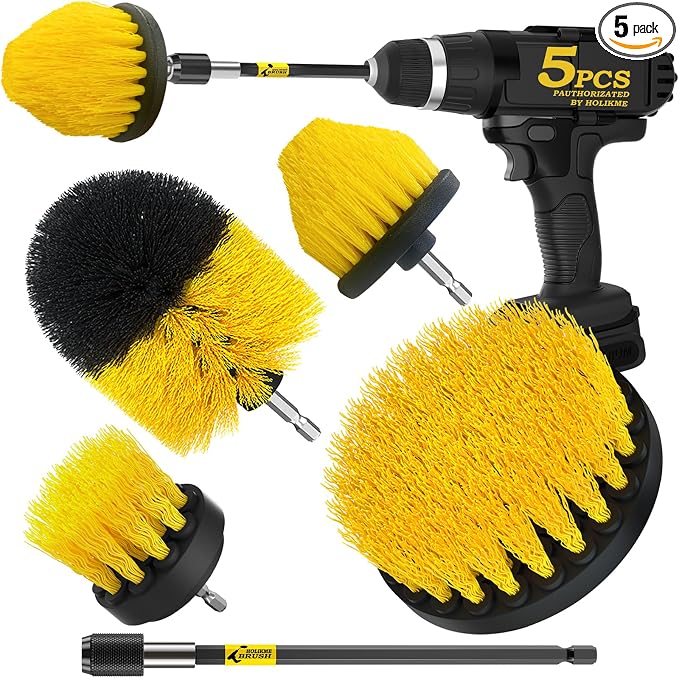 Holikme 5Pack Drill Brush Attachment Set，Power Scrubber Brush Extended Long Attachment for Bathroom Surfaces, Grout, Floors, bathtubs, Showers, Tiles, Kitchens and Cars，Yellow | 4 nylon scrub brushes,yellow,Power scrubber kit for Bathroom Surfaces, Gro...