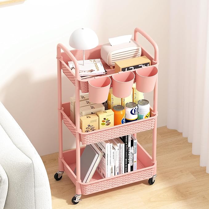 MOYIPIN 3-Tier Plastic Rolling Utility Cart with Handle,Utility Storage Cart for Office, Living Room, Kitchen,Movable Storage Organizer Shelves,Pink with 5 Hanging Cups