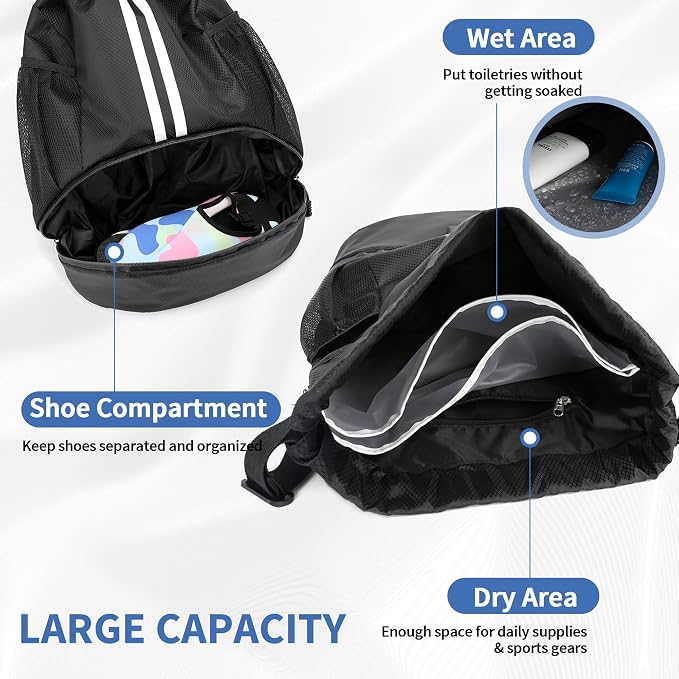 JELUTAR Drawstring Backpack Gym Bag with Shoes Compartment | Water-Resistant String Backpack for Soccer, Basketball, Swim, Beach Cinch for Women Men, 18L Large Capacity, Wet Pocket