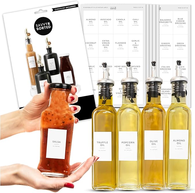 Minimalist Oil Bottle Labels, 95 Preprinted Pantry Stickers for Oils and Vinegar Dispenser Glass Bottles, Condiment Jars, Waterproof Removable, Kitchen Organization