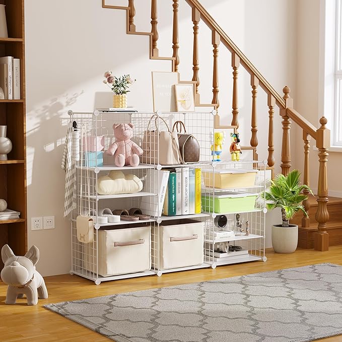 C&AHOME Wire Cube Storage Unit,Interlocking Metal Wire with Divider, White | Modular Cabinet with Plastic Panels Bookshelf Stackable Closet Organizer with Small Hooks