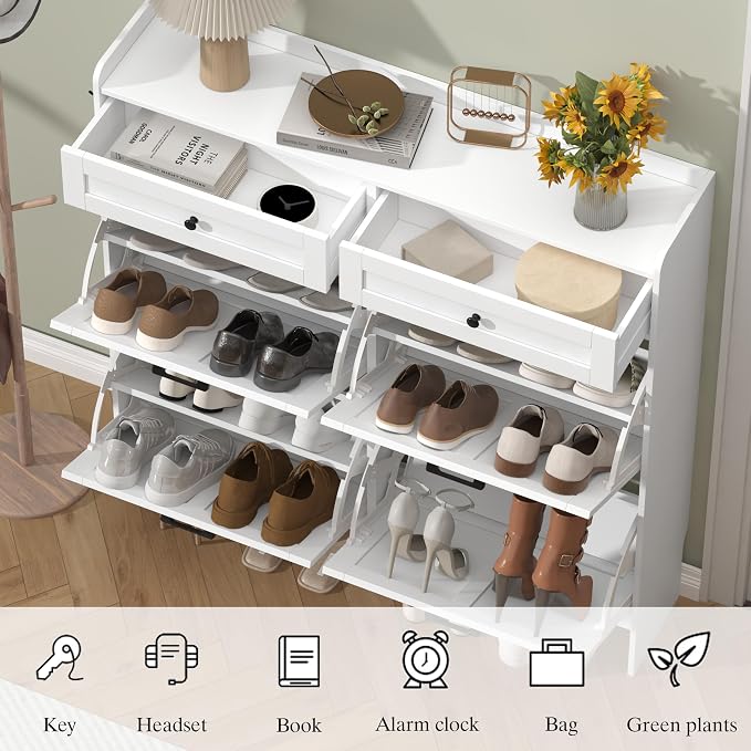 Thacuok Shoe Cabinet with 4 Flip Drawers & 2 Storage Drawers, Rustic Farmhouse Narrow Shoe Organizer Cabinet, Slim Shoe Rack Cabinet, Shoe Storage Cabinet for Entryway, Hallway, Front Door