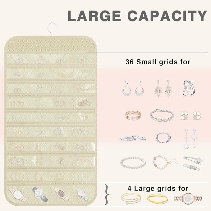 Double-Sided Hanging Jewelry Organizer for Necklaces Earrings, 1-Pack Beige | Foldable 36 hooks & 40 clear pockets; swivel hook fits walls, doors & rods for earrings, bracelets, rings & small jewelry
