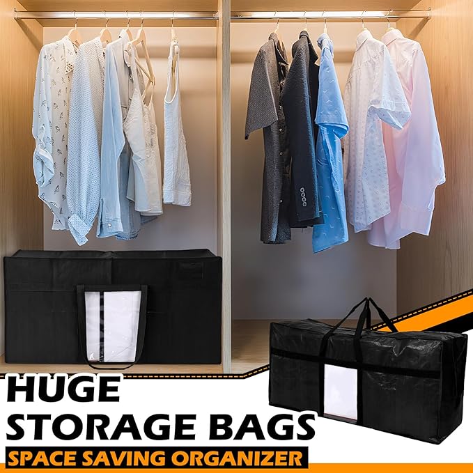 4 Pack 66 Gallon Extra Large Moving Bags with Visible Window XXL Heavy Duty Storage Bag Jumbo Big Tote for College Dorm Clothes Blankets Space Saving Alternative to Moving Boxes(Black)