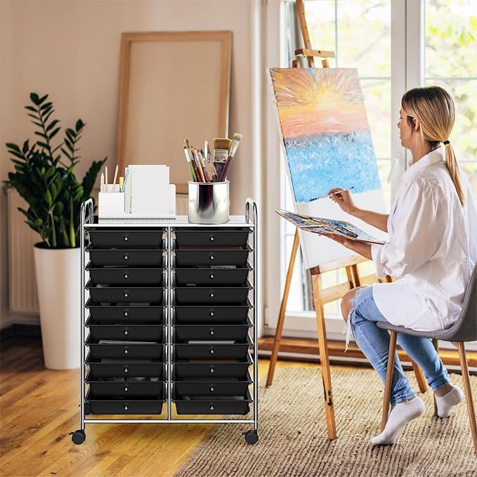DREAMADE Rolling Cart With Storage Drawers, Utility Cart With Removable Plastic Drawers, Lockable Wheels for Classroom Organization, Art Supplies, Office, Scrapbook (20 Drawers, Black)