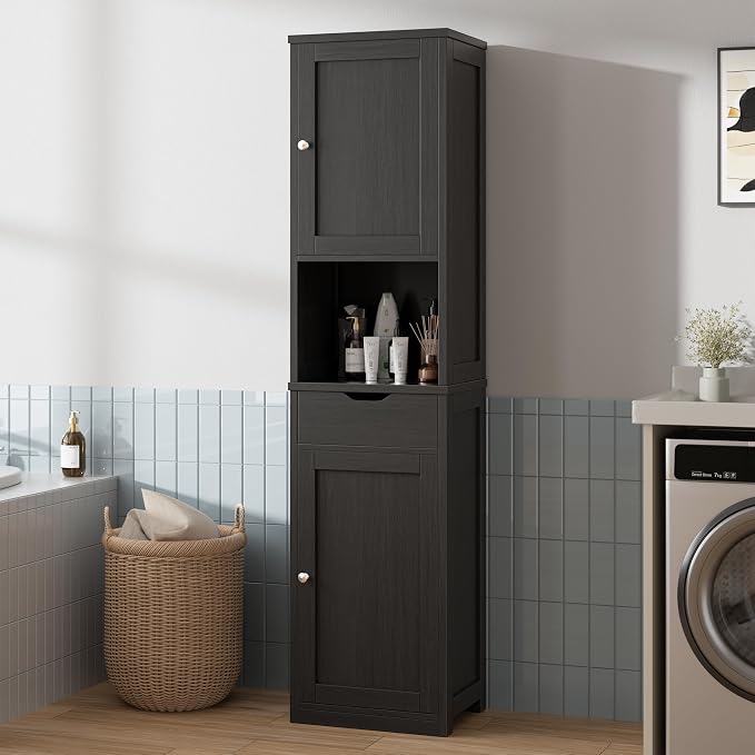 Walsunny Tall Bathroom Storage Cabinet with 6 Adjustable Shelves, Black | Anti-Tip Safety, Waterproof MDF, 2 Doors + 1 Drawer, Easy Assembly, for Bathroom/Living Room/Kitchen