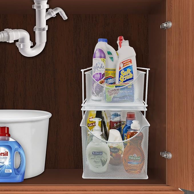 Sorbus® Cabinet Organizer Set—Mesh Storage Organizer with Pull Out Drawers—Ideal for Countertop, Cabinet, Pantry, Under the Sink, Desktop and More (White Two-Piece Set)