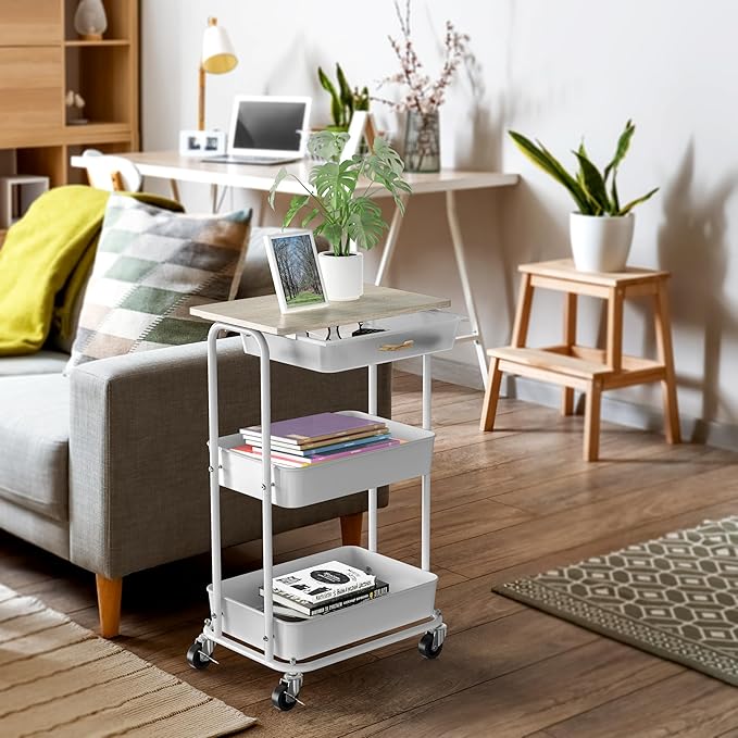 Simple Houseware 3-Tier Rolling Utility Cart with Drawer & Wood Top, Maple | Mobile Sofa Side Table, Nightstand, Slim Storage Organizer Trolley for Bedroom, Bathroom, Office & Art Supplies