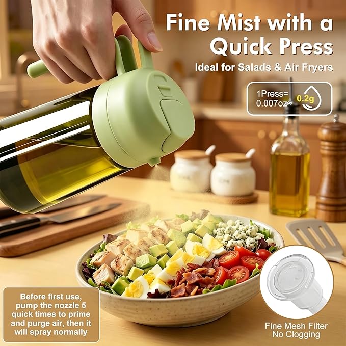 Poshetion 2 in 1 Olive Oil Sprayer for Cooking, 16oz Light-Proof Oil Dispenser for Kitchen, Leak-Proof Oil Spray Bottle for Air Fryer, Salad, BBQ, Baking, Grilling - Green & Green