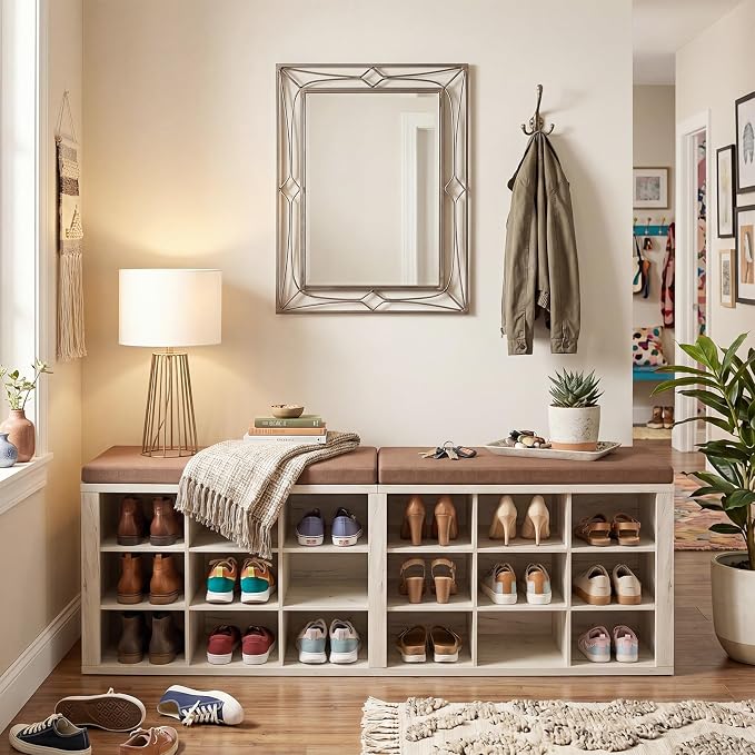 ITEFDTUTNE Shoe Rack Bench, 18 Cubbies Shoe Storage Bench with Cushion, 59" | Entryway Bench with Shoe Storage, Widened Organizer Cabinet for Entryway Hallway Bedroom Living Room, Holds Up to 400lbs