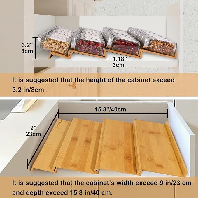 Spice Drawer Organizer with 20 Spice Jars,216 Labels,50 Non-slip Rubber, Bamboo 4 Tier Seasoning Rack Tray Insert for Kitchen Drawers,Cabinets,Countertop,9" Wide x 15.8" Deep