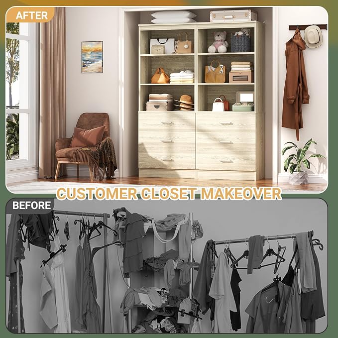 Aheaplus 47.2" Closet Drawers System, 3.94FT Wood Closet Organizer System with 3 Drawers, Modular Small Walk-in Closets Storage Unit, Set of 2, White Oak (47.2" L x 13.8" W x 71" H)