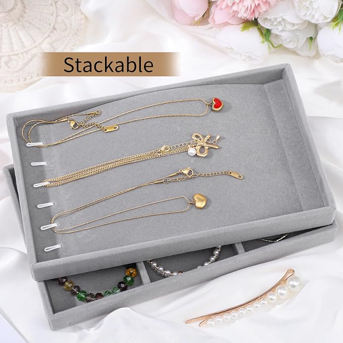 Dntorx Stackable Jewelry Organizer Trays, 6 Set of Velvet Jewelry Drawer Insert Sets Organizer Trays Jewelry Display Case Storage with Removable Dividers for Earring Necklace Rings Bracelet（Gray）
