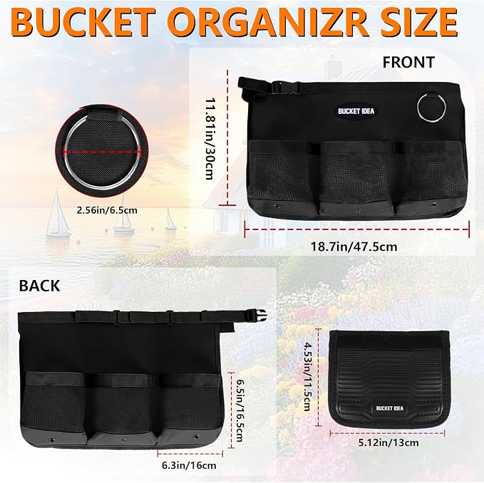 MELOTOUGH Bucket Tool Organizer Fits 5 Gallon Water-Resistant Mesh Pockets | Water Resistant, Multiple Compartments Pockets, Hold Large Brushes & Garden Tools, Fits 3.5-5 Gal Buckets, Easy to Carry