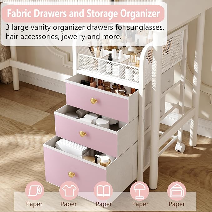 Rolling Makeup Vanity Cart, Makeup Organizer with Drawers, Rolling Makeup Bathroom Storage Cart, Cosmetic Vanity Display Cases Holder for Nail Polish Brush Hair Tool (Pink)