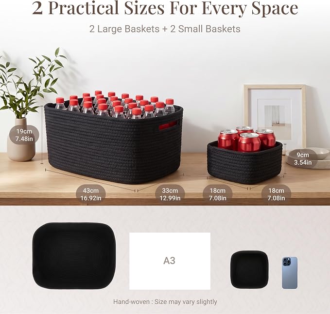 4-Pack Large Woven Rope Storage Baskets, 2 Sizes Organizer Bins | Fabric Cube Boxes and Rectangular Shallow Bins for Closet, Shelf, Bookshelf, Nursery, Changing Table, Bathroom, Toys & Home