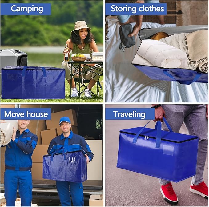 4 Pack Real 100lb Capacity Heavy Duty Moving Bags with Strong Zippers and Reinforced Handles, Extra Large Storage Totes for Packing & Moving Storing, Space Saving Alternative to Moving Boxes-95L,Blue