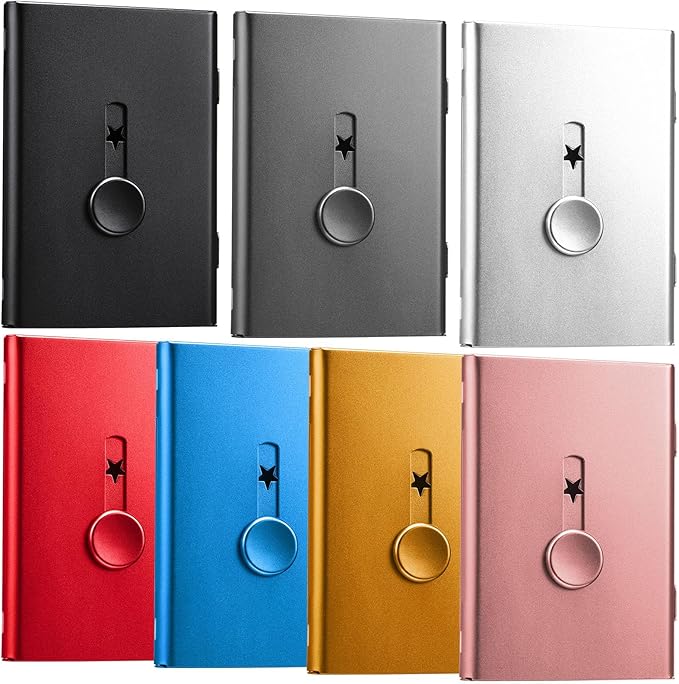 Tatuo 7 Pcs Multicolor Thumb Drive Business Card Holder Stainless Steel Business Name Card Case Portable Slide out Name Holder Wallet Nice Design Pocket for Men and Women
