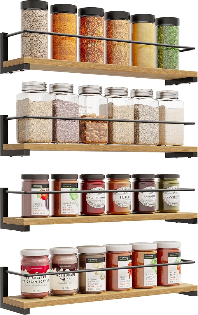 OROPY Wooden Spice Rack Wall Mounted, Over the Stove, Kitchen Wall, 4 Pack | Space-Saving Hanging Rack, Rustic Spice Rack Organizer for Cabinet, for Spice Jars & Seasonings