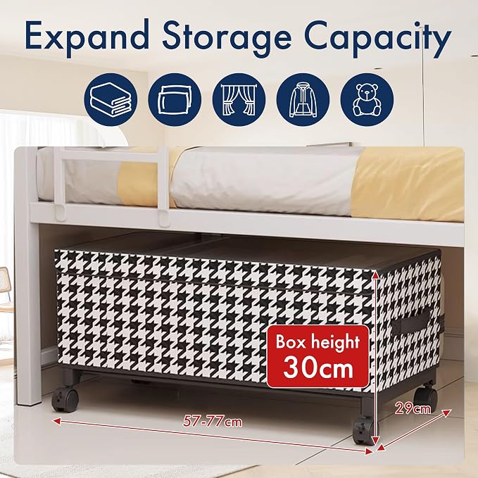 65L Under Bed Storage with Wheels, Adjustable Underbed Storage Bins, Foldable Dustproof Storage Container, 30.3×11.4×11.8 Inch Organizer for Clothes, Shoes, Blankets (black - Transparent Cover)