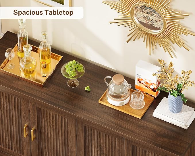 usikey Buffet Cabinet with Storage, 55" Fluted Sideboard Cabinet with 4 Adjustable Shelves, Modern Coffee Bar with 4 Doors, Coffee Bar Cabinet for Kitchen, Walnut