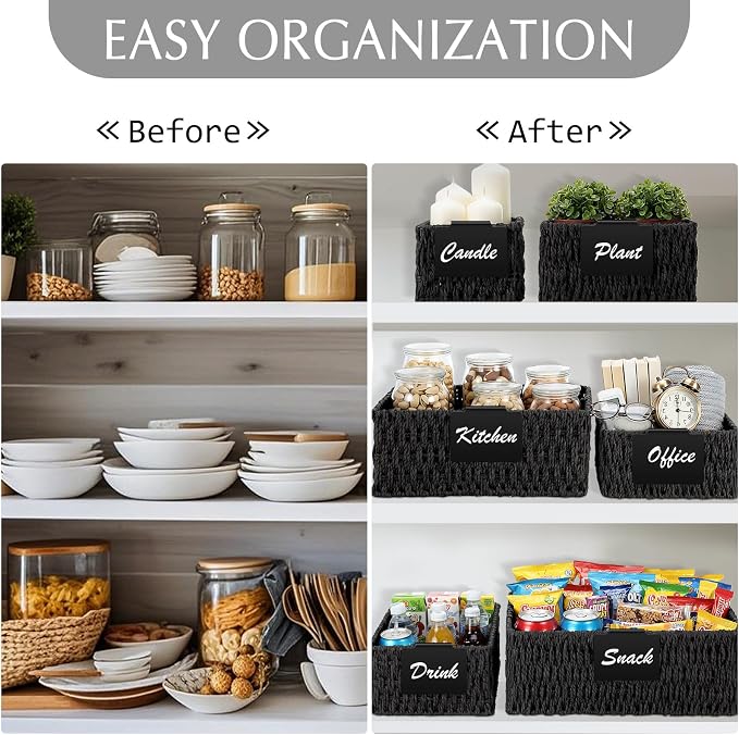 Marsui 6 Pcs Wicker Storage Baskets for Pantry Organization with Labels Handwoven Paper Rope Multi-size Black Wicker Storage Bins for Organizing Small Baskets Container for Shelves Closet Toilet