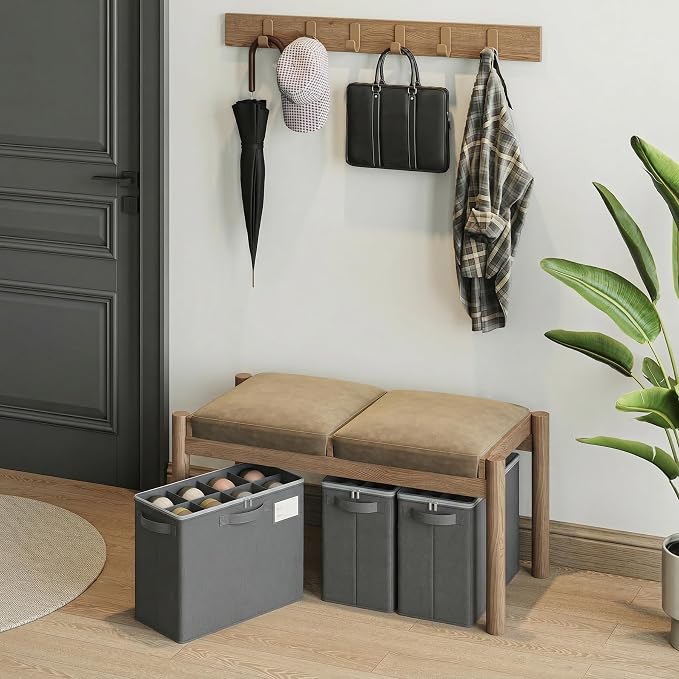 Varhomax Shoe Organizer Box for Closet, Small Fabric Storage Basket Gray | Foldable Shoe Bin with Adjustable Dividers & Clear Cover, Saving Space Sneakers & Sandals Containersfor Entryway, Cubby