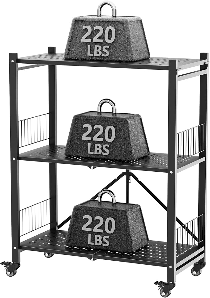 Folding Storage Shelves No Assembly, 3 Tier Metal Foldable Shelves with Wheels, Collapsible Rolling Storage Rack for Laundry Room Garage Small Spaces, Black