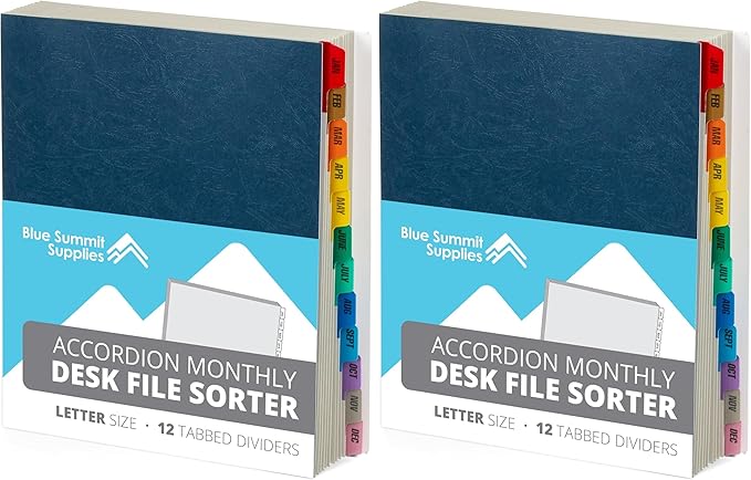Blue Summit Expanding Monthly File Organizer, Letter Size 12 Month File Folder Organizer with Dividers, Paper Sorter for Desk and Documents (Pack of 2)