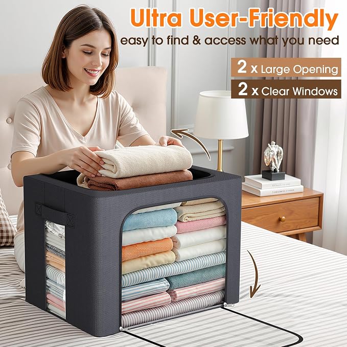 4 Pack Clothes Storage Bins with Metal Frame, 40L Foldable Fabric Storage Boxes with Clear Window, Front & Top Zipper Openings, Stackable Organizer Bins with Handles for Closet & Bedroom (Light Grey)