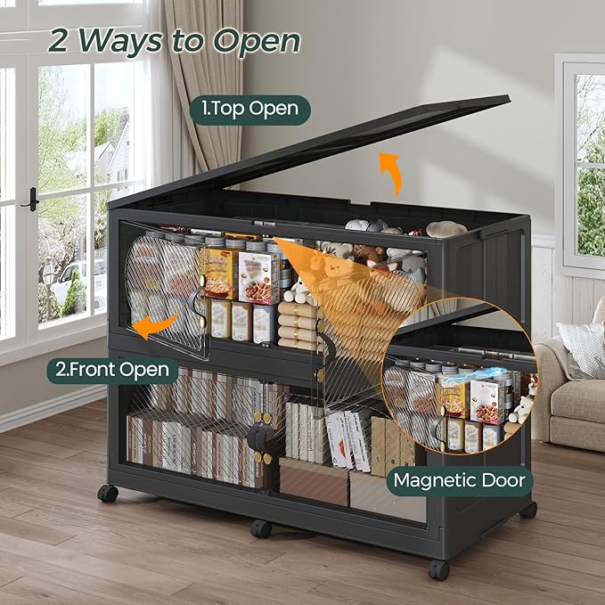1200QT Extra Large Stackable Storage Bins with Lid & Wheels & Doors, 300Gal Foldable Collapsible Closet Organizers, Plastic Cabinet Box Container Drawer for Home Kitchen Bedroom, 5Pack Black